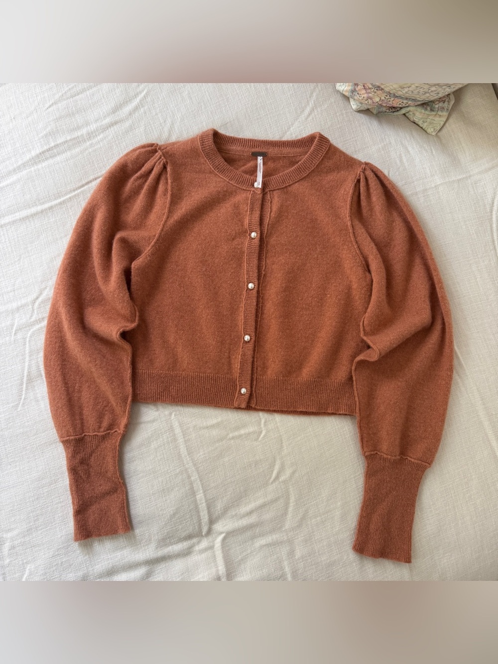 Free People 100% Cashmere Rust Orange Puff Sleeve Pearl Button Cropped Cardigan